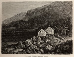 Hacienda, Tian Tian, Peru ja kaakaoviljelmä, piirustus Riou, havainnollistamaan Paul Marcoyn matkaa Etelä-Amerikan halki vuosina 1848–1860. Kaiverrus kirjaan "" Le tour du monde", toimittanut Edouard Charton tekijältä Edouard Riou