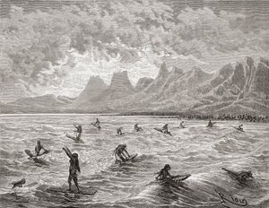 Havaijilaiset surffaavat, kuvitus teoksesta "The World in the Hands", kaiverrettu Charles Barbant (k.1922), julkaistu 1878 (kaiverrus)