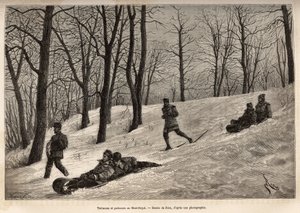 Luges et skaters au plateau du Mont-Royal, Montrealin lähellä, kaiverrus Rioun piirustuksen mukaan, joka kuvaa matkaa Kanadaan ja Riviere Rouge du nordille, H. De Lamotte, vuonna 1873, julkaistu "" Le tour du monde -lehdessä" ”” 1875, toimittanut Edouard C tekijältä Edouard Riou