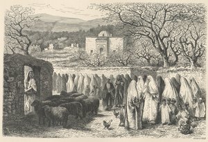 Marabout ja kulkue: Tlemcen, kaiverrus Henri Theophile Hildibrand (1824-97) tekijältä Edouard Riou