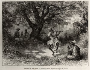 Tapaa kaksi griottia, varjossa istuva kapteeni Binger nauttii esityksestä. Rioun kaiverrus havainnollistamaan kapteeni Louis Gustave Bingerin (1856-1936) tarinaa ""Nigeristä Guineanlahdelle"" vuosina 1887-1889, Le tour du monde, nouveau journal des voy tekijältä Edouard Riou