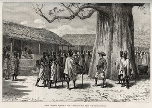 Palabre a Aouabou (Norsunluurannikko). Kaupallisen sopimuksen allekirjoitus Annon hovissa, kirjailijan muotokuva. Rioun kaiverrus havainnollistamaan kapteeni Louis Gustave Bingerin (1856-1936) tarinaa "" Nigeristä Guineanlahdelle" vuosina 1887-181. tekijältä Edouard Riou