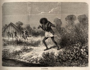 Paniikki Conibos-intiaanien keskuudessa, jotka pakenivat Paul Marcoyn retkikunnan saapuessa lähelle Tumbayaa (Peru), joka itse joutui vanhan intiaanien pahan loitsun uhriksi, piirtäen Riou havainnollistamaan P:n matkaa vuosina 1848–1860. Marcoy, alkaen th tekijältä Edouard Riou