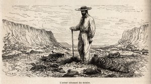 Paul Marcoy exhumant des mummies Incas (Bas Peru), E.Rioun kaiverrus, joka havainnollistaa matkaa vuoristossa, Huarancalquin laaksossa ja Pjonalin alueilla vuosina 1862–1863, Paul Marcoy, julkaistu "Le tour du monde" -lehdessä ” 1875, toimittanut Edou tekijältä Edouard Riou