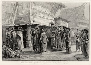 Soitti korvakoristeita Batak-tytöille, Pohjois-Sumatran etniselle ryhmälle. Rioun kaiverrus havainnollistamaan tarinaa "vuosi Malesiassa", Jules Claine (1856-1939) tekijältä Edouard Riou