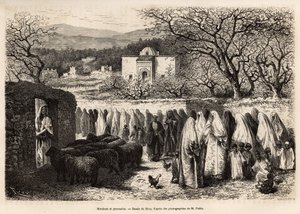 Kulkue Marabout de Tlemceniin (hauta, jossa on islamilaisen miehen kupoli), kaiverrettu E. Rioun piirustuksen jälkeen, joka havainnollistaa E. de Lorralin matkaa Tlemceniin (Algeria) vuonna 1875, julkaistu julkaisussa "" Le tour du monde””” 1875, toimittan tekijältä Edouard Riou