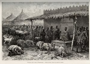 Vastaanotto naba Sanemissa, Waghadougoun Mossin valtakunnasta (tai Mossesta) (Ouagadougou, Burkina Faso). Rioun kaiverrus havainnollistamaan kapteeni Louis Gustave Bingerin (1856-1936) tarinaa "" Nigeristä Guineanlahdelle" vuosina 1887-1889 Le toussa tekijältä Edouard Riou