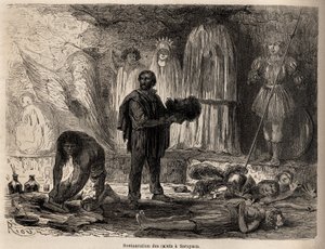 Pyhimyspatsaiden entisöinti Sarayacussa (Peru), Rioun piirustus havainnollistamaan Paul Marcoyn matkaa Tyyneltämereltä Atlantin valtamerelle vuosina 1848–1860. Kaiverrus kirjaan "" Le tour du monde", toimittanut Edouard Charton tekijältä Edouard Riou