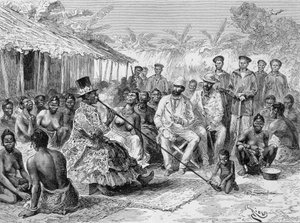 Savorgnan de Brazza palaveri Länsi-Afrikan kylänjohtajan Renoken kanssa - ""Tour du Mondessa"", 2. viikko 1887 tekijältä Edouard Riou