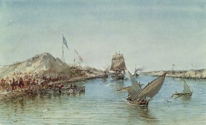 Laivaliikenne Suezin kanavalla, matkamuistoalbumista keisarinna Eugenien (1826-1920) matkan kunniaksi avajaisissa vuonna 1869 (wc paperilla)