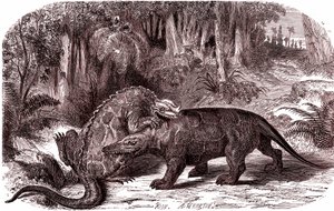 Iguanodon ja Megalosaurus (kaiverrus) (kaiverrus) tekijältä Edouard Riou