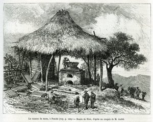 Sugar Baking Oven Panchessa (Kolumbia), Rioun piirustus kuvaamaan tarinaa Equinoxiale Americasta (Kolumbia, Ecuador, Peru) vuosina 1875-1876, kirjoittanut toim. andre, Ranskan hallituksen matkustusvastuumaksu. Kaiverrus kirjassa Le tour du monde tekijältä Edouard Riou