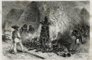 Mana- ja Maroni-joen varrella elävän Roucouyenne-heimon (tai wayana-heimon) tuhkaus Bucheria päin, tohtori Crevaux, kaiverrus Riou havainnollistaa tohtori Jules Crevaux