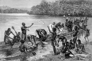 Adouman kylän heimon eri toiminnot Afrikassa. Brazzan teoksessa "Matka Länsi-Afrikassa". tekijältä Edouard Riou
