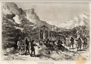 San Isidron, kyntäjien suojelijan ja kulttuurien suojelijan juhla Challquissa (Peru), yli 1000 ympäröivän alueen intiaanien paraati, tuo pyhimyksen patsaan neitsyen alttarille, sitten kaikki kokoontuvat. juhlaan t tekijältä Edouard Riou