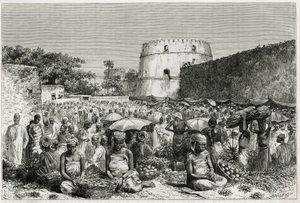 Zanzibarin hedelmämarkkinat (Tansania). Kaiverrus Riou havainnollistaa tarinaa "" Matka Benadir, Omalis ja Bayoun"", vuosina 1882-1883, M.G.Revoil. Julkaistu Le Tour du monde -lehdessä, nouveau journal des voyages tekijältä Edouard Riou