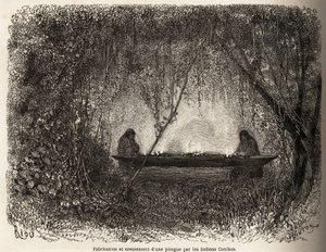 Perun Conibo-intiaanien valmistama kanootti, joka evakuoitiin tulipalossa. Rioun piirustus kuvaa P. Marcoyn matkaa Tyyneltämereltä Atlantin valtamerelle vuosina 1848–1860. Kaiverrus kirjassa "" Le tour du monde", toimittanut Edouard Cha tekijältä Edouard Riou