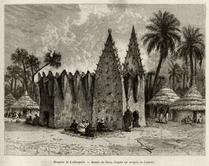 Lokhognilen moskeija (Guineanlahti). Rioun kaiverrus havainnollistamaan kapteeni Louis Gustave Bingerin (1856-1936) tarinaa "" Nigeristä Guineanlahdelle"" vuosina 1887-1889 Le tour du monde -lehdessä, nouveau journal des voyages, ohjaajana tekijältä Edouard Riou