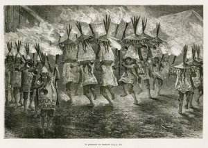 Paul Marcoyn vuonna 1873 soihtuvalaisin kävely San Josen kaduilla E.Rioun piirtämänä havainnollistamaan matkaa Titicacan alueella ja Ala-Perun itäosien laaksoissa. Kaiverrus kirjassa Le tour du monde tekijältä Edouard Riou