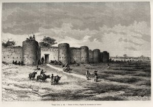 Tiong-Gin kaupunki (Tiong Gi, Mali) linnoituksineen ja savitorneineen. Rioun kaiverrus havainnollistamaan kapteeni Louis Gustave Bingerin (1856-1936) tarinaa "" Nigeristä Guineanlahdelle" vuosina 1887-1889, Le tour du monde, nouveau journal tekijältä Edouard Riou