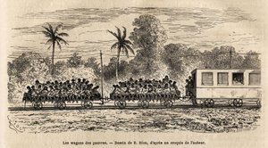 Paraguayn junien köyhien vaunu, junien pyrstöihin kiinnitetyt yksinkertaiset laiturit, joille matkustajat kasaantuvat toistensa päälle Assumption-asemalta lähdön jälkeen, kaiverrus E.Rioun piirustuksen jälkeen, joka havainnollistaa matkaa P:hen. tekijältä Edouard Riou