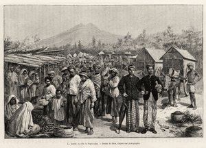 Kävely Pager Alam Cafessa (Malesia). Rioun kaiverrus havainnollistamaan tarinaa "vuosi Malesiassa", Jules Claine (1856-1939) tekijältä Edouard Riou