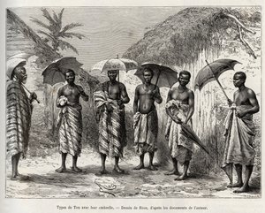 Sävytyyppi sateenvarjonsa kanssa. Rioun kaiverrus havainnollistamaan kapteeni Louis Gustave Bingerin (1856-1936) tarinaa "" Nigeristä Guineanlahdelle"" vuosina 1887-1889 Le tour du monde -lehdessä, nouveau journal des voyages, ohjaajana Edouard Char tekijältä Edouard Riou