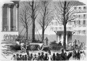 Puiden istutus Place de la Bourse -aukiolla Pariisissa talvella 1858. Rioun kaiverrus "" Le Monde Illustré" -julkaisussa nro 46, 27. helmikuuta 1858. tekijältä Edouard Riou