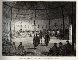 Vierailu Karagan Nabassa (Ghana). Rioun kaiverrus havainnollistamaan kapteeni Louis Gustave Bingerin (1856-1936) tarinaa "" Nigeristä Guineanlahdelle"" vuosina 1887-1889 Le tour du monde -lehdessä, nouveau journal des voyages, ohjaajana Eduar tekijältä Edouard Riou