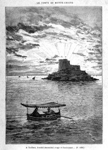 Purjehdus saarelle - kaiverrus Riou, kirjassa "" Monte-Criston kreivi"", kirjoittanut A. Dumas, toim. Jules Rouff & Cie tekijältä Edouard Riou