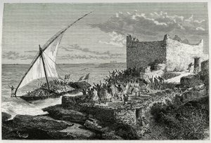 Kun matkustajien lanta saapuu Moguedouchoun (Mogadishu) satamaan, merimiehet tekevät valtavan mailan houkutellakseen ihmisiä, jotka toivottavat heidät tervetulleiksi innostuneella huudolla. Rioun kaiverrus havainnollistamaan tarinaa "Voyage chez les Benadi tekijältä Edouard Riou