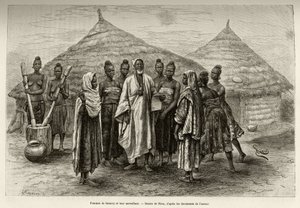 Samory Touren naiset (noin 1835-1898) Niger-silmukan sotapäällikkö ja heidän esimiehensä Sonninke, joka osaa lukea ja kirjoittaa arabiaa, kuten hänen kädessään pitelemä paperi todistaa. Rioun kaiverrus havainnollistamaan tarinaa "" Nigeristä Persianlahdell tekijältä Edouard Riou