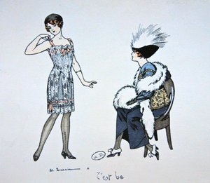 Mallinukke esittelee asiakkaalle slipin, n. 1912 (värilitografia).