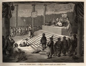 Kiinalainen tuomioistuin, syytetty saapuu tuomioistuimeen santarmin ympäröimänä, joka pitää hänet kahleissa ja hänen teurastajansa, Vaumortin (? -1886) piirtämä havainnollistamaan herra de Bourboulonin matkaa Shanghaista Moskovaan vuosina 1859-1862. , Rans