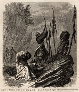 Mongolit omistautumassa obolle Bakkan ja Mongolian vuorten lähellä, Vaumortin (? -1886) piirustus havainnollistamaan Ranskan Kiinan ministerin M. de Bourboulonin matkaa Shanghaista Moskovaan vuosina 1859–1862. Kaiverrus "" Le tour du monde" -muokkaus