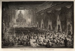 Uskonnollinen seremonia kiinalaisessa lamasseressa, piirustuksena Vaumort (? -1886), havainnollistamaan Ranskan Kiinan ministerin M. de Bourboulonin matkaa Shanghaista Moskovaan vuosina 1859–1862. Kaiverrus kirjassa "" Le tour du monde", toimittanut Edouar