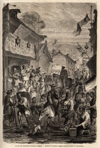 Vaatekauppiaiden katu, Kalgan, Mongolia. Vaumortin (? -1886) piirros havainnollistaa Ranskan Kiinan ministerin M. de Bourboulonin matkaa Shanghaista Moskovaan vuosina 1859–1862. Kaiverrus kirjassa "" Le tour du monde"", toimittanut Edouard Chart