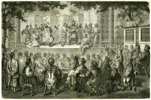 Näkymä Opera de Pekinin (Peking) esityksestä Kiinassa Madame de Bourboulonin matkatarinan jälkeen. Kaiverrus Vaumortin piirustuksen jälkeen julkaisussa "" Le Tour du Monde, Nouveau Journal des Voyages", toimittanut Edouard Charton, Paris