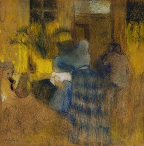 Sisustus keltainen ja sininen, kissa ja lapsi tekijältä Edouard Vuillard