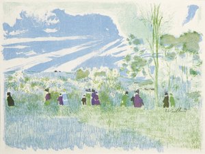 Maisemia ja sisätiloja: Peltojen halki tekijältä Edouard Vuillard