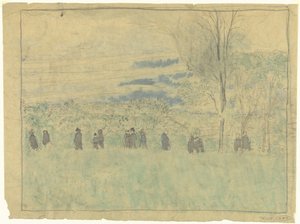 Maisema kävelijöiden kanssa: hautajaiskulkue (?) tekijältä Edouard Vuillard