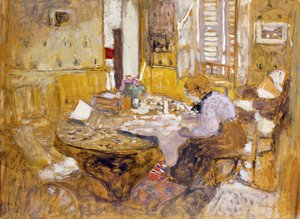Madame Vuillard lukemassa ruokasalissa, rue Truffaut; Madame Vuillard lukee huoneessa? Eating, rue Truffant, 1903 tekijältä Edouard Vuillard
