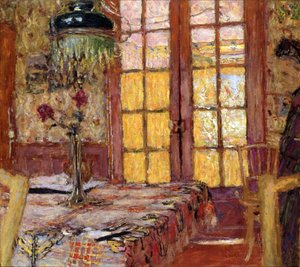 Madame Vuillard ruokasalissa, Vaucresson, 1919-25 (öljy kartongille). tekijältä Edouard Vuillard