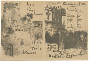 Kansiohjelmavihkonen, jossa on La Revue Blanchen mainos ja ilmoitus näytelmästä Au-dessus des forces humaines Lisez la revue blanche Au-dessus des forces humaines tekijältä Edouard Vuillard