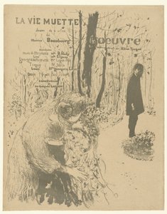 Kansi ohjelmavihkoon, jossa nainen ja kaksi lasta ja mies puistossa näytelmään La vie muette, luettelo rooleista ja näyttelijöistä La vie muette tekijältä Edouard Vuillard