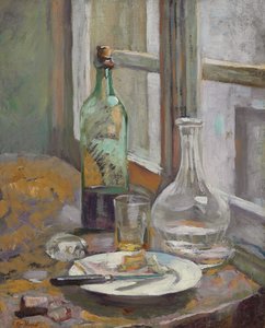 Asetelma pullon ja kannun kanssa; Asetelma pullolla ja karahvilla, n. 1889-1890 tekijältä Edouard Vuillard