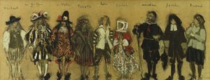 Opiskelu pukuja yhdeksälle näyttelijälle "La Coupe Enchantee" Jean de la Fountaine; Jean de la Fontainen pukututkimukset Lumotun kupin yhdeksän hahmolle, 1918 tekijältä Edouard Vuillard