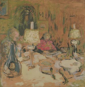 The Dinner with Two Lamps, rue de Calais, 1913 (pentu ruskealle paperille) tekijältä Edouard Vuillard