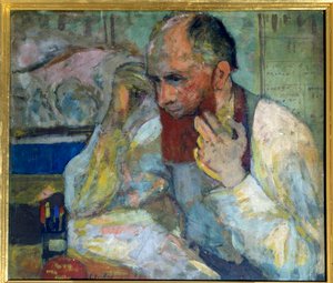 Koomikko Aurelien Lugne Poe (Lugne-Poe) (1869-1940) meikkaamassa, 1900-luvun Pariisi, Champs Elysees -komedia (öljy kankaalle) tekijältä Edouard Vuillard