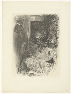 Kaksi naista ja miestä valaistussa sisustuksessa Läheisyys tekijältä Edouard Vuillard
